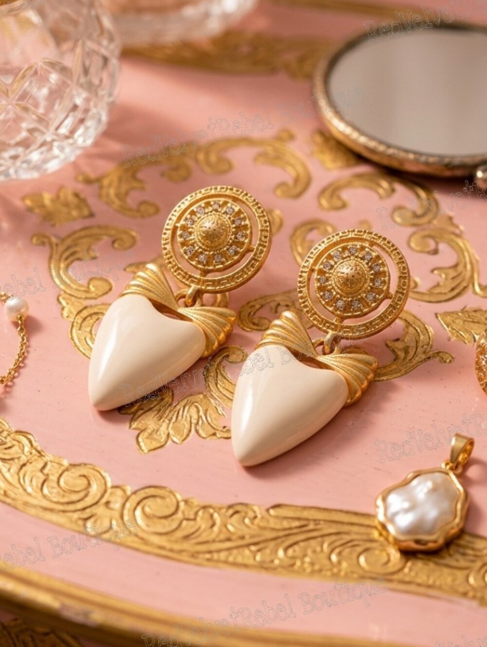 Vintage Estate Cream Enamel Crystal Greek Key Bow Gold Earrings